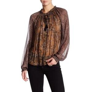 NWT Free People Hendrix Brown Black Sheer Boho Tassel Peasant Top Blouse Size S